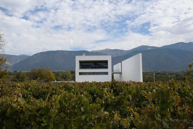 'Voyatzis Estate' modern building surrounded by vineyards and mountains
