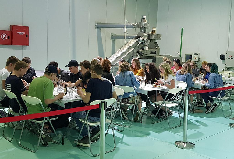 a group of young tourists sitting at the tables in Melas Epidauros plant and tasting olive oil