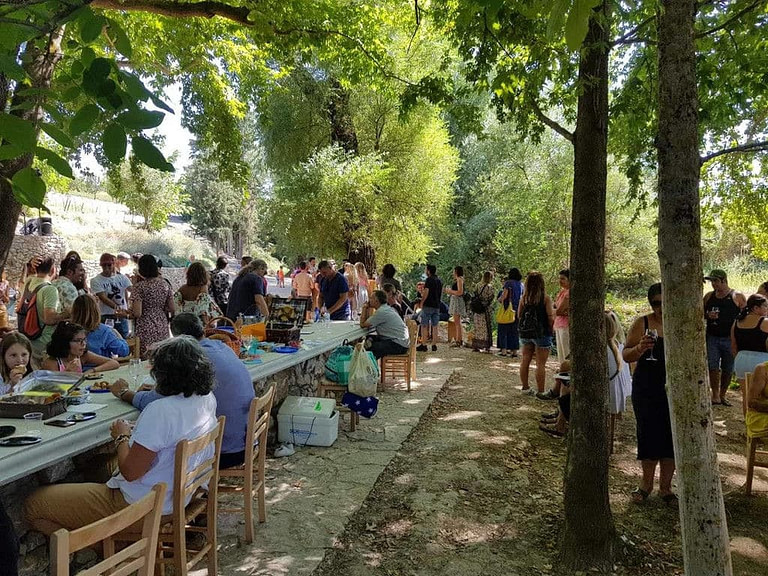 tourists sitting and eating at the tables in the shade of the trees at 'Constantin Gofas Estate' outside