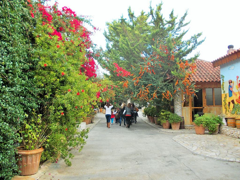 tourists walking on the stone alley at 'Zahaios' garden