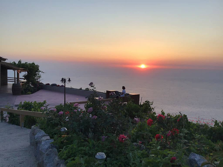 sunset from 'Tsantiris Winery' terrace surrounded by plants and flowers in the background of the sea