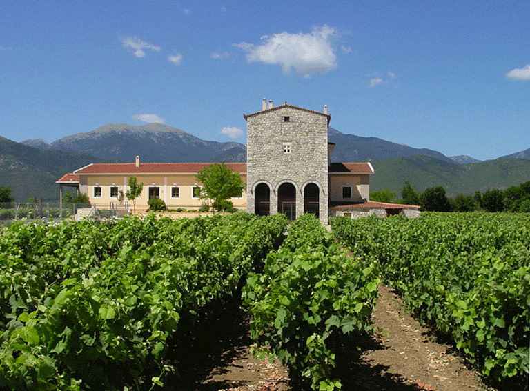 'Domaine Spiropoulos' building with stone tall tower and rows of vines in the front