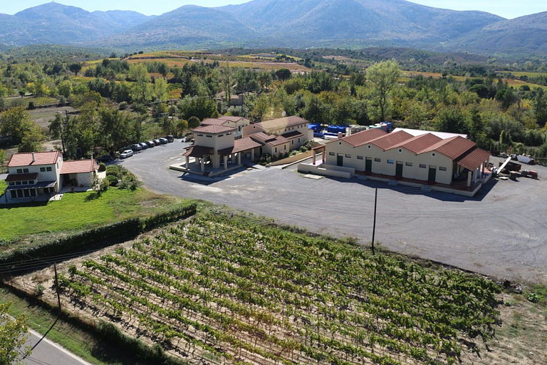 'Tselepos Winery' from above surrounded by vineyards and trees in the sunshine