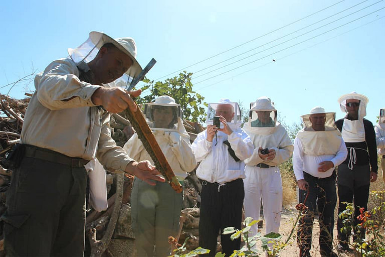 beekeeper presenting the process of taking the honeycomb out of the hive at 'Milia Mountain Retreat'