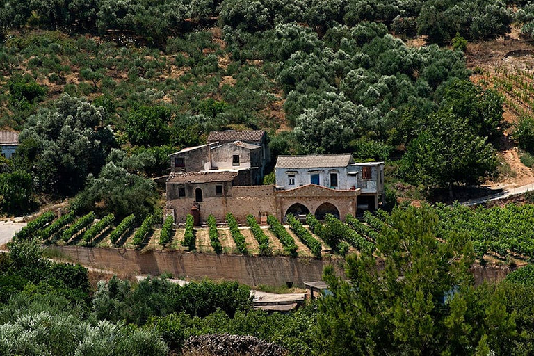 'Anoskeli' from above like medieval castle surrounded by vineyards and trees