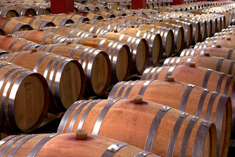 wooden wine barrels in the Cavino's cellar