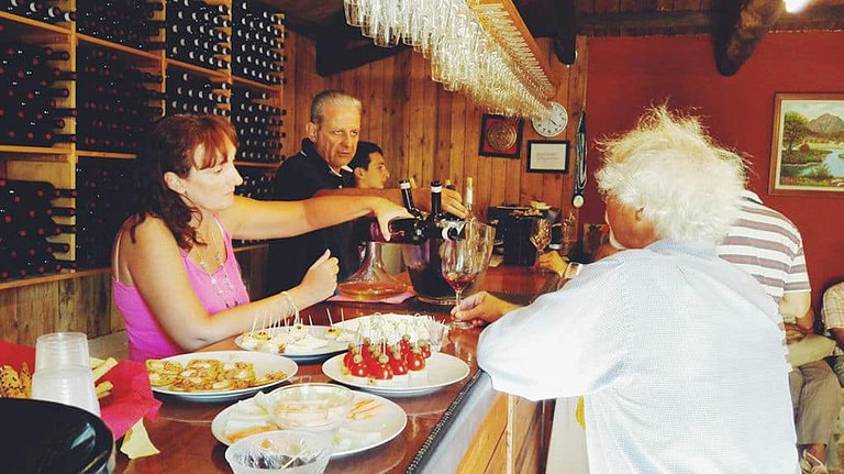 Tourists sitting on the bar and enjoy a wine tasting and eating aperitives at 'Domaine Anagennisi' winery