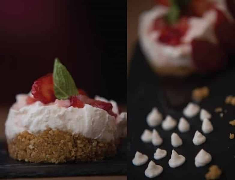 montaj of photos with 'Galeni' fresh cheese cream on paximadi means dry bread and pieces of strawberries on the top