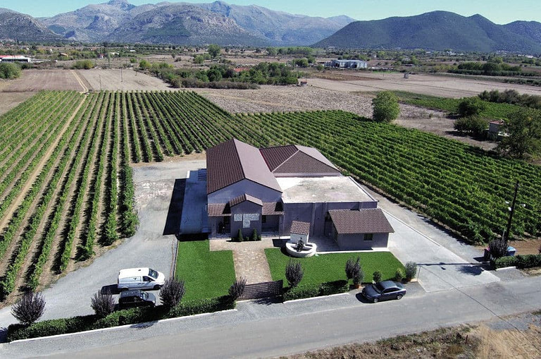 'Troupis Winery' from above surrounded by vineyards and mountains